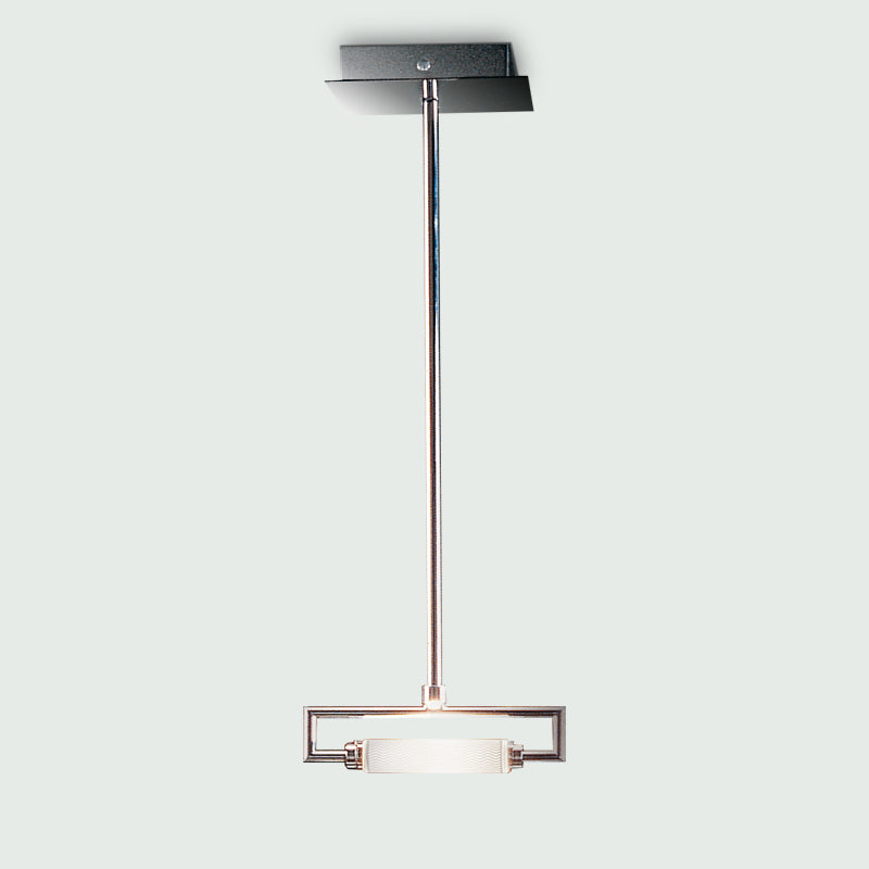 Glim Mini Suspension Light by Zaneen Shop - A metallic suspension light with a square base and attached rectangle light.