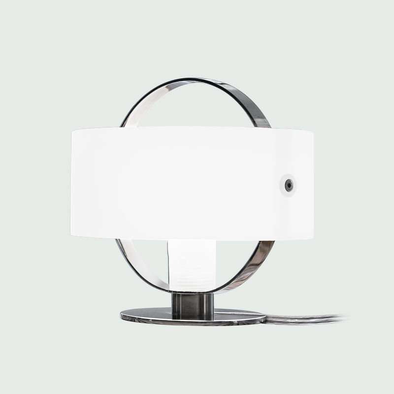 Ring Table Lamp by Zaneen Shop - A white colored spherical table lamp with a metal base and a vertical ring design in the center.