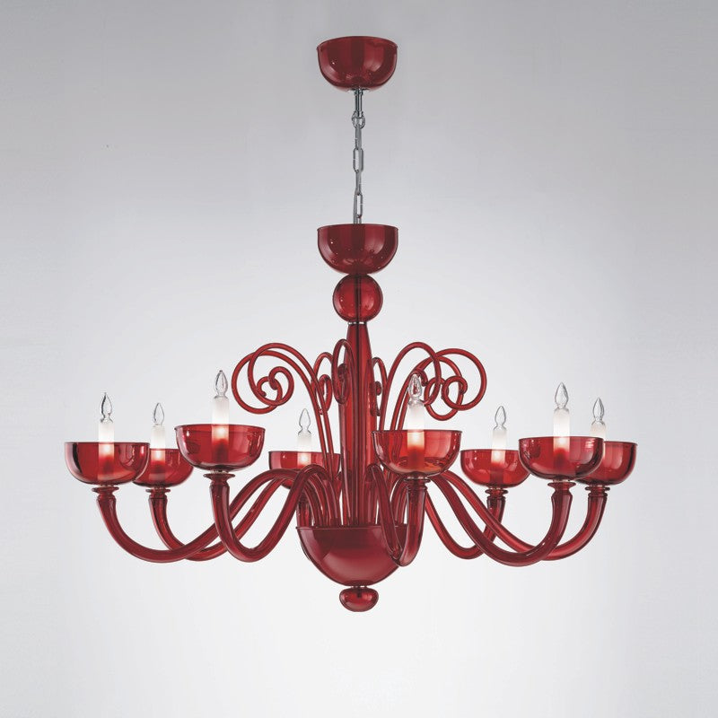 Brera Chandelier by Zaneen Shop - A glass pendant light with a classic chandelier structure. Brera features eight curved arms holding candle shaped glass lights.